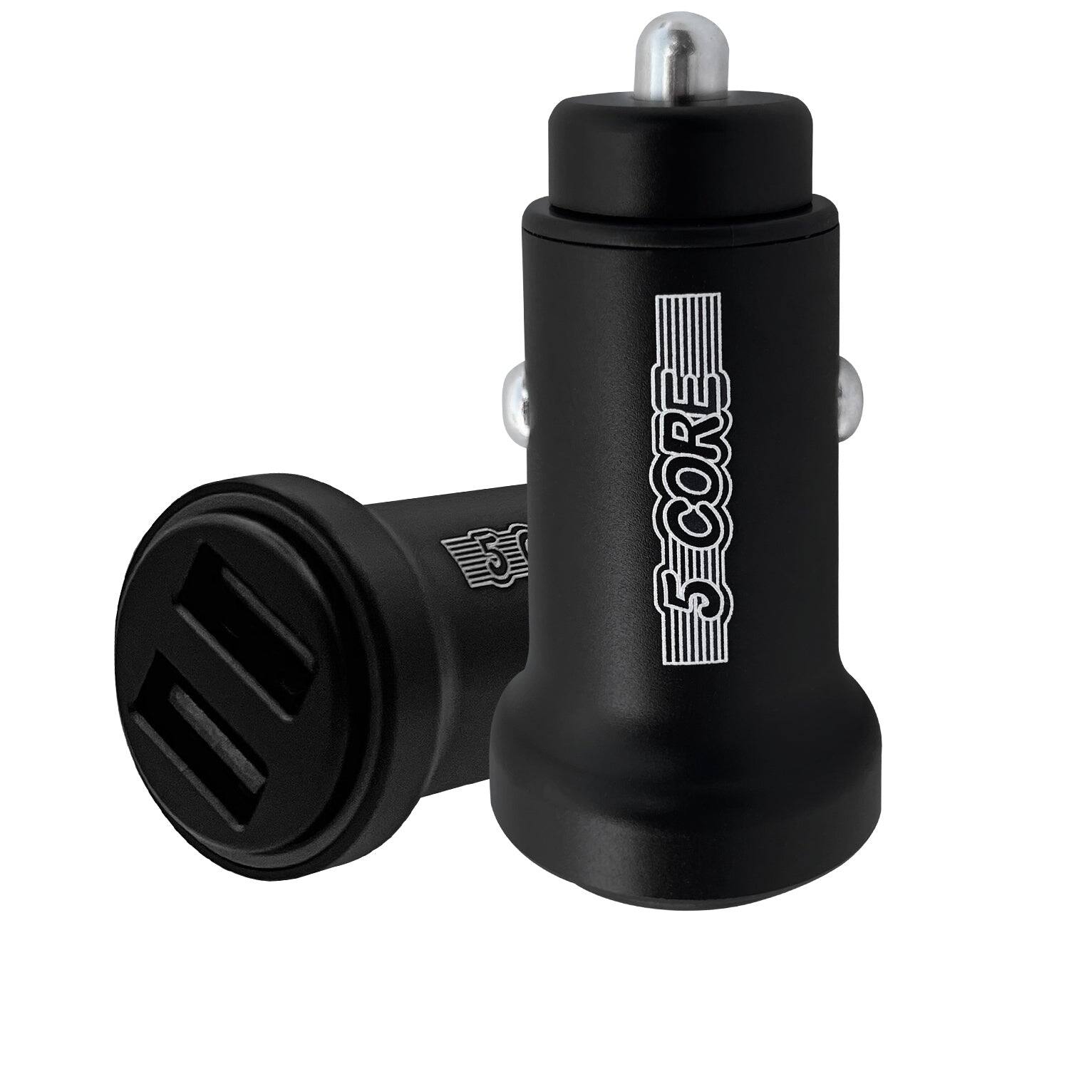 Front. 5 CORE - USB Car Charger Cigarette Lighter Adapter Dual USB Port Adapter 12/24 V Fast Charging - Black.