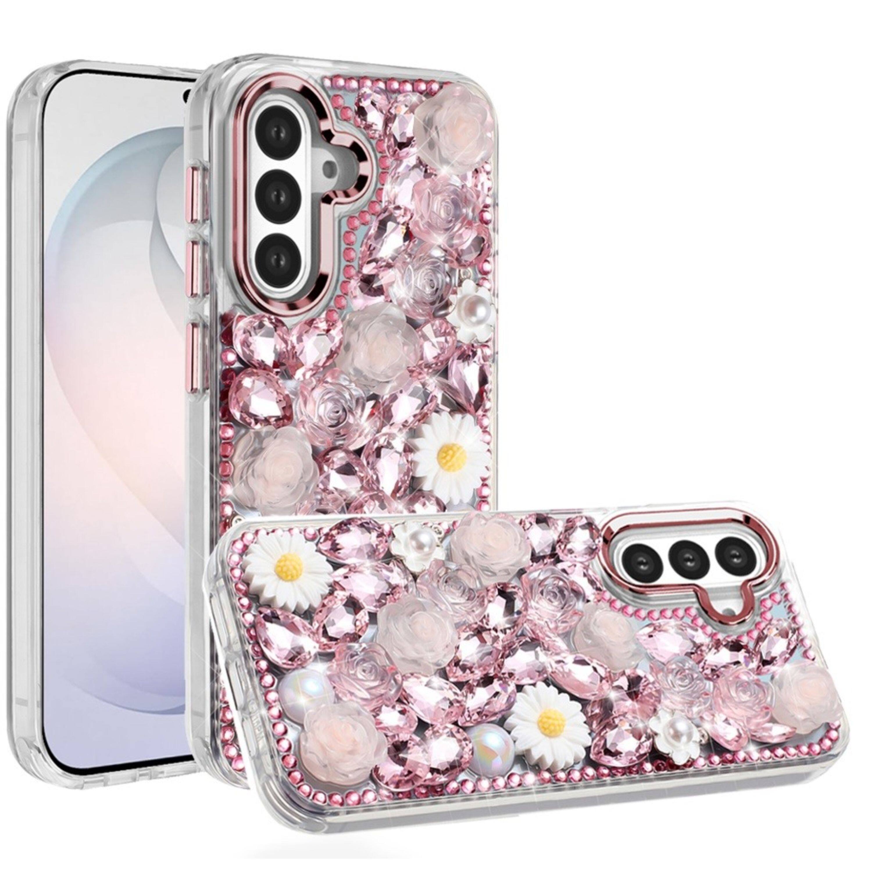 Front. Kitcheniva - 3D Bling Rhinestone Jewel Cover Plus Tempered Glass For Samsung S26 FE Pink - Pink.
