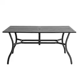 Nuu Garden - Outdoor Rectangle Iron Dining Table, 61'' x 37'' Splice Tabletop with 1.8'' Umbrella Hole - Black