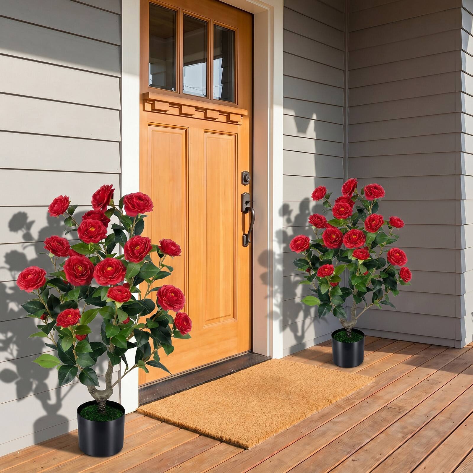 Alt View 3. Costway - Costway Artificial Camellia Tree, 35.5" Faux Flower Plant in Cement-Filled Pot for Home - Red & Green & Black.