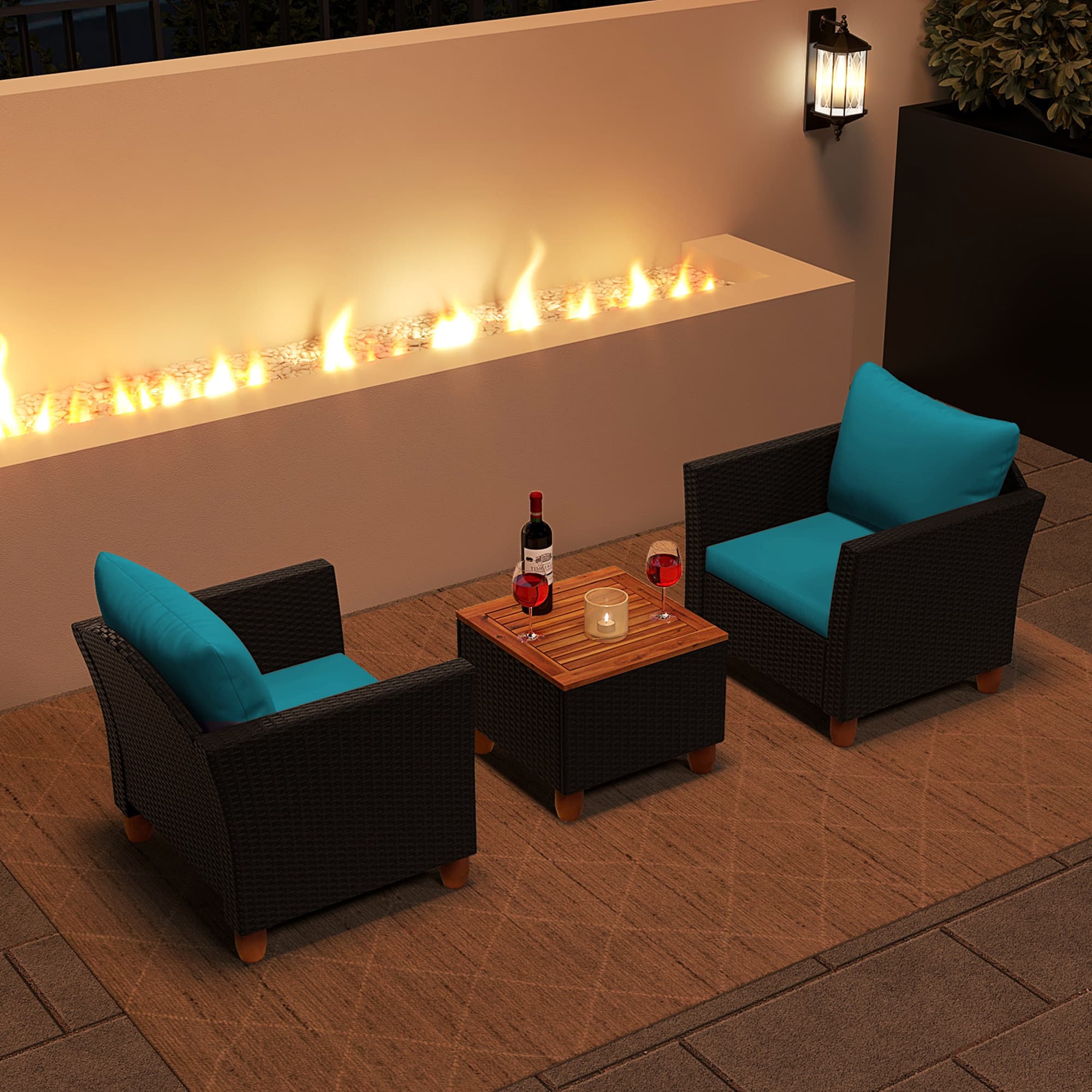 Costway - 3PCS Patio Rattan Furniture Set Cushioned Sofa Storage Table Wood Top - Turquoise