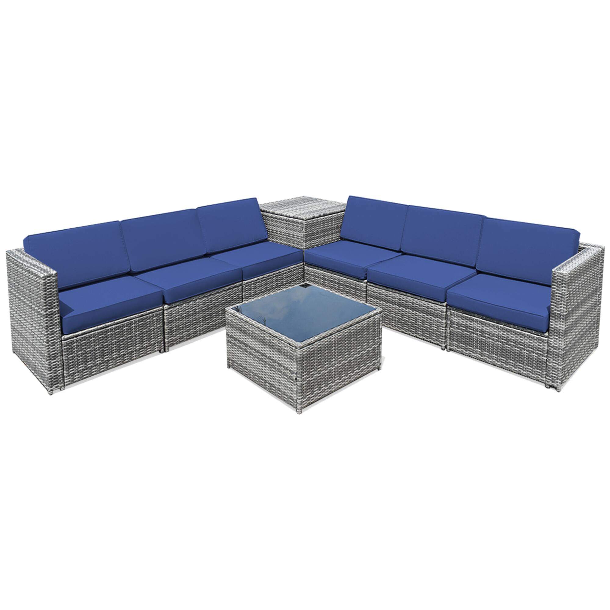 Alt View 4. Gymax - Gymax 8PCS Patio Rattan Sofa Sectional Conversation Furniture Set w/ Navy Cushion - Navy.