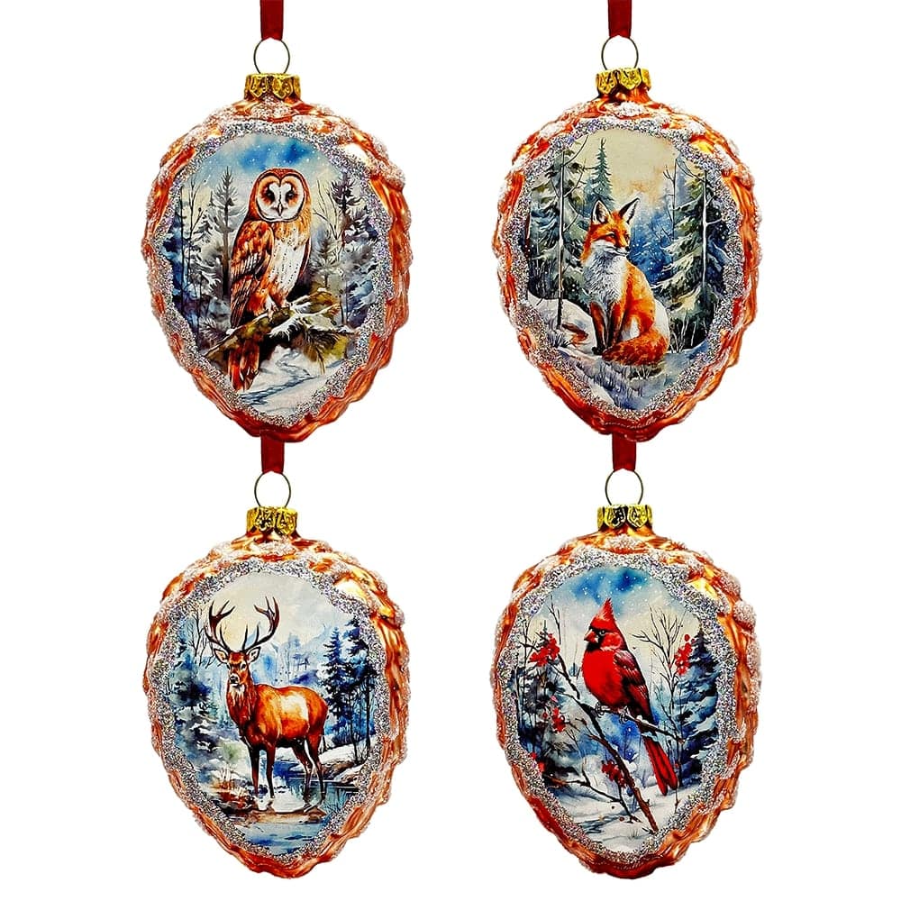 OrnamentallyYou - Illustrious Pinecone Beauties Woodland Animal Set of Four Glass Christmas Ornaments Deer Fox Owl - Multi-colored