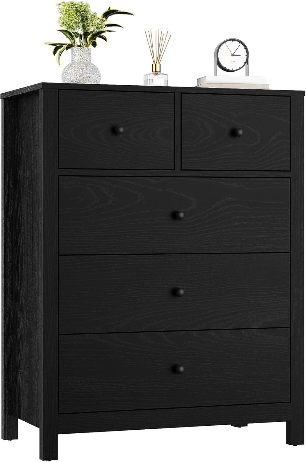 Alt View 3. GARVEE - 5 Drawer Dresser for Bedroom, Tall Black Chest with Deep Drawers and Metal Knobs, Wooden Organizer for Hallway - Black.