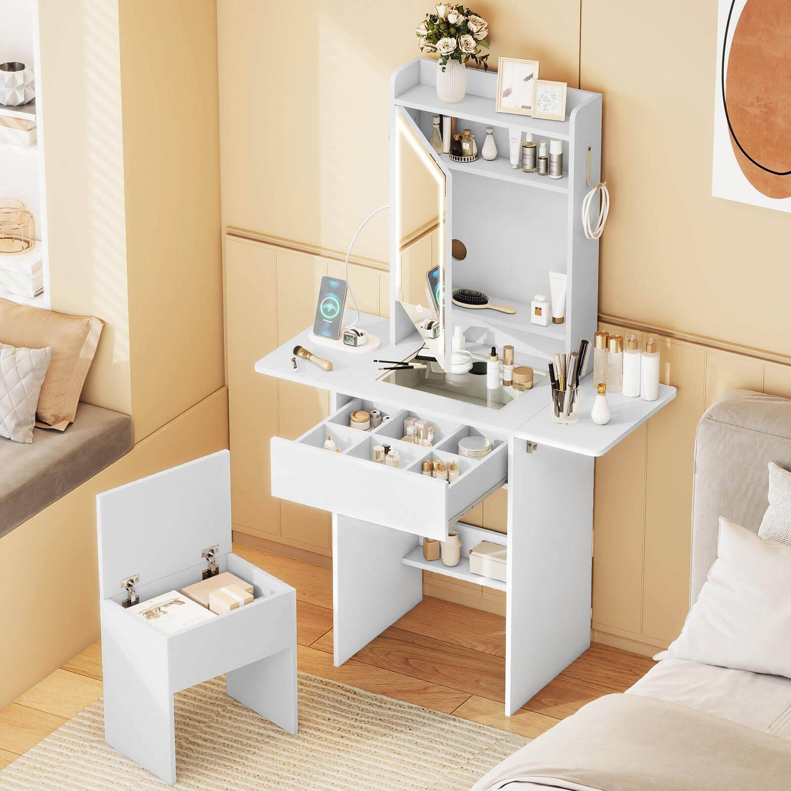 Alt View 4. Costway - Costway Vanity Desk with Mirror & Lights, Stool, 2 Drop Leaf Tables, Charging Station - White.