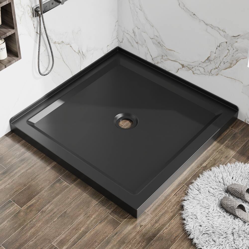 Alt View 1. JUJABU - 36"x36" Shower Base Anti-slip Acrylic Center Drain Double Threshold Shower Basin in Black - Black.