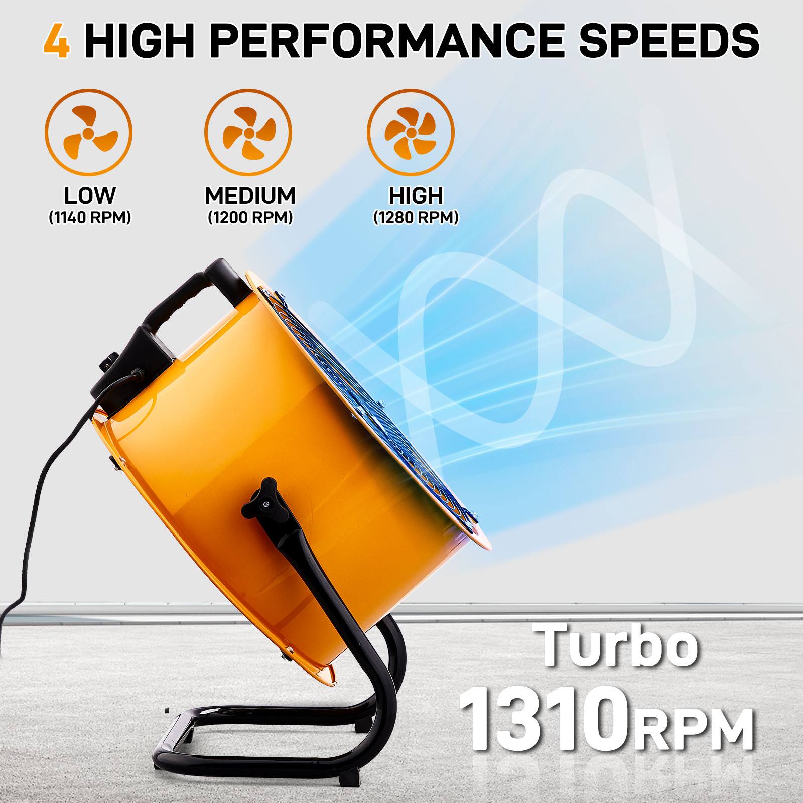 4 HIGH PERFORMANCE SPEEDS

LOW (1140 RPM)  
MEDIUM (1200 RPM)  
HIGH (1280 RPM)  

Turbo 1310 RPM