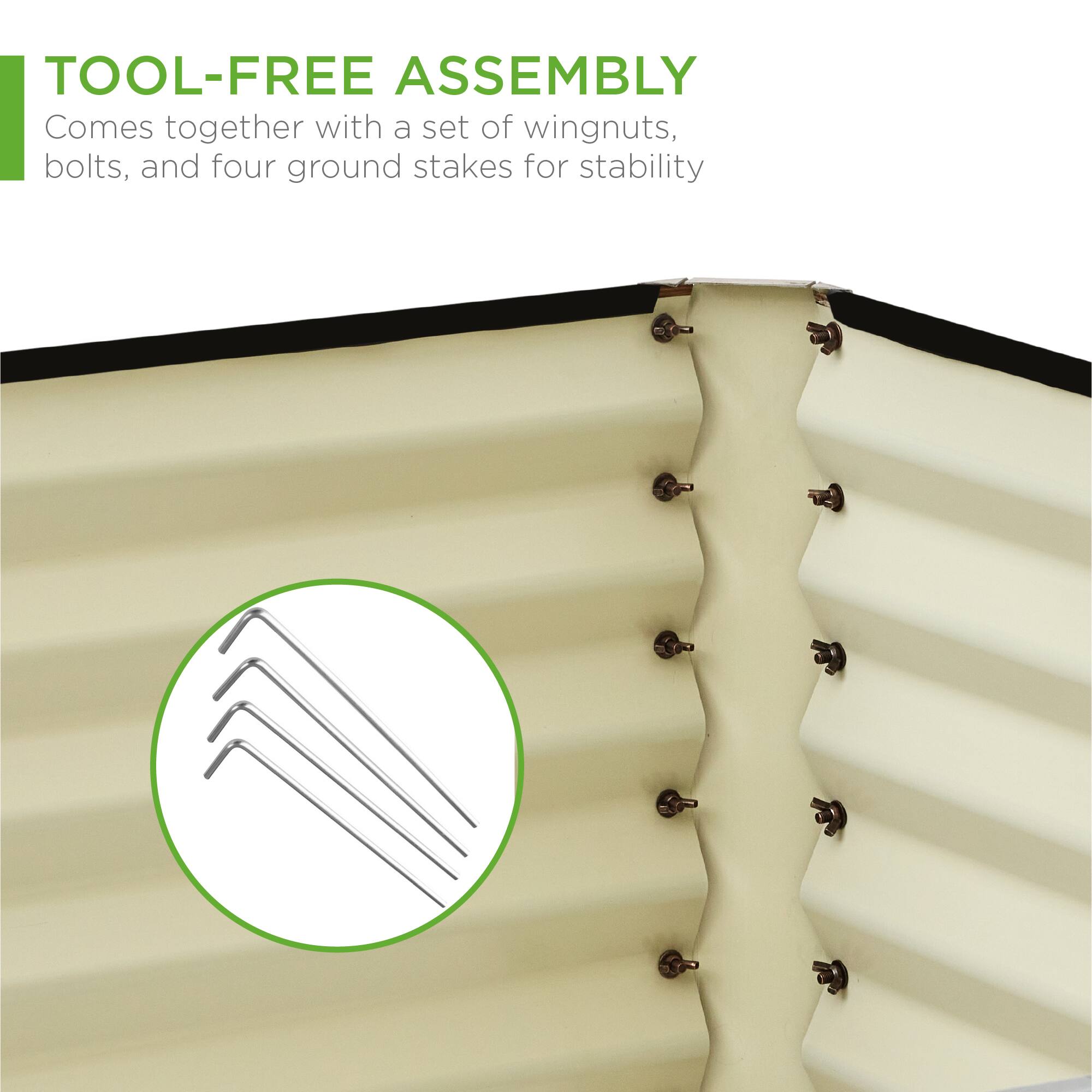 TOOL-FREE ASSEMBLY  
Comes together with a set of wingnuts, bolts, and four ground stakes for stability