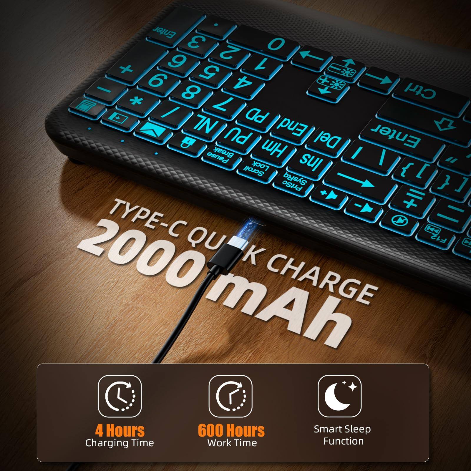 Sure, here is the corrected and grouped text from the image:

---

**Enter 3 O 9 2 + 5 L 6 4 Ctrl + 8 7 / PD 7N PU End Enter B Hm Del Pause Break I I Ins " Scroll Lock { [ PrtSc SysRq } ] + TYPE-C QU F12 2000 mAh 4 Hours Charging Time 600 Hours Work Time Smart Sleep Function**

---

**Key Features:**

- **TYPE-C QUICK CHARGE**
- **2000 mAh**
- **4 Hours Charging Time**
- **600 Hours Work Time**
- **Smart Sleep Function**

---