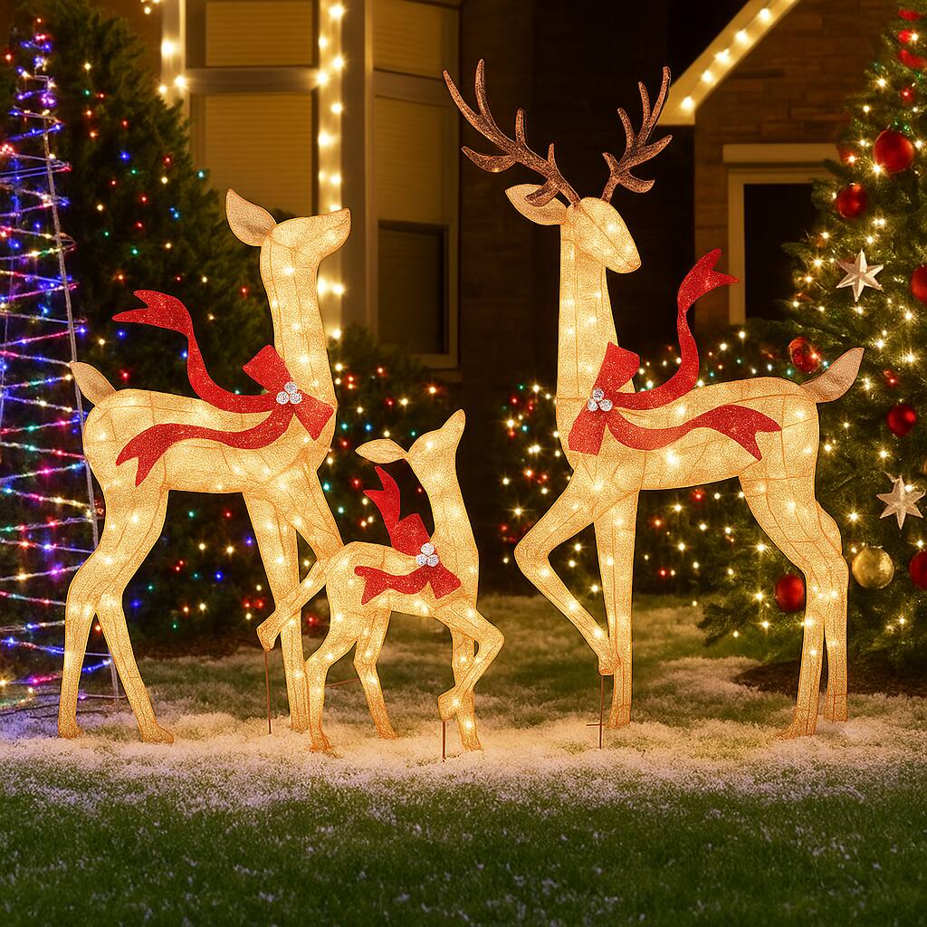Angle. BreeBe - Prelit Deer Trio Christmas Decoration for Yard or Porch - White.