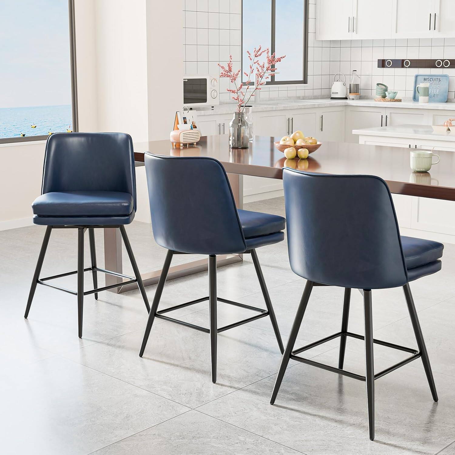 Alt View 5. Winado - 26" H Swivel Barstools PU Faux Leather Upholstered Counter Height Bar Stool Chair with Back, Square Seat, Metal Legs - Blue-Set of 2.