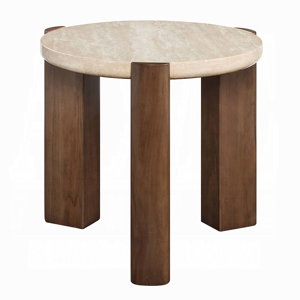 Alt View 1. Manhattan Lane - Hery Side End Table, 22 Inch Round Travertine Top, Dark Oak Brown Legs - Beige, Dark Oak Brown.