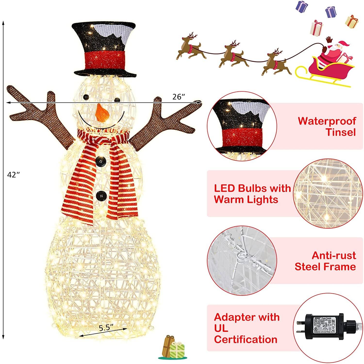 26"  
Waterproof Tinsel  
42"  
LED Bulbs with Warm Lights  
Anti-rust Steel Frame  
5.5"  
Adapter with UL Certification