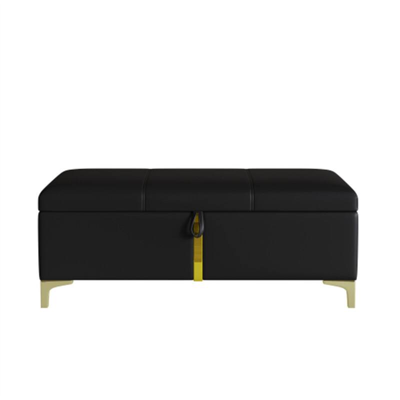 Back. HTUTWOO - Storage Ottoman Bench for Bedroom Living Room - Upholstered Storage Bench with Metal Legs, Fully Assembled Except Legs - Black.