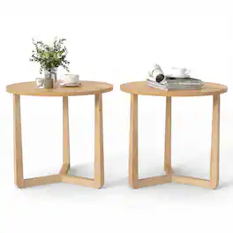 Gymax - 2PCS Round Side Table w/Sturdy Rubber Wood Legs Triangular Structure for Bedroom Natural - Yellow