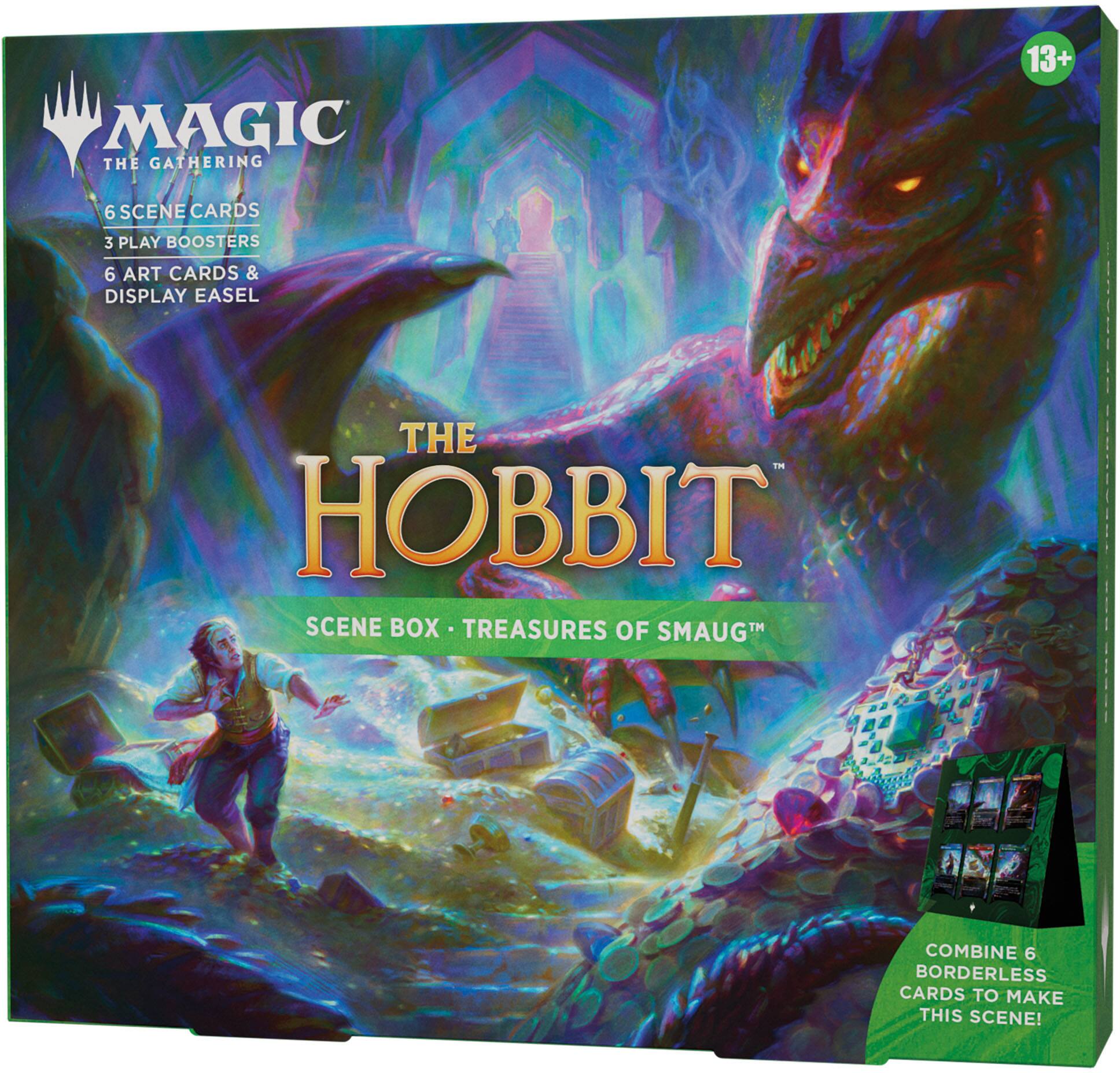 MAGIC THE GATHERING  
13+  
6 SCENE CARDS  
3 PLAY BOOSTERS  
6 ART CARDS & DISPLAY EASEL  
THE HOBBIT  
SCENE BOX - TREASURES OF SMAUG™  
COMBINE 6 BORDERLESS CARDS TO MAKE THIS SCENE!