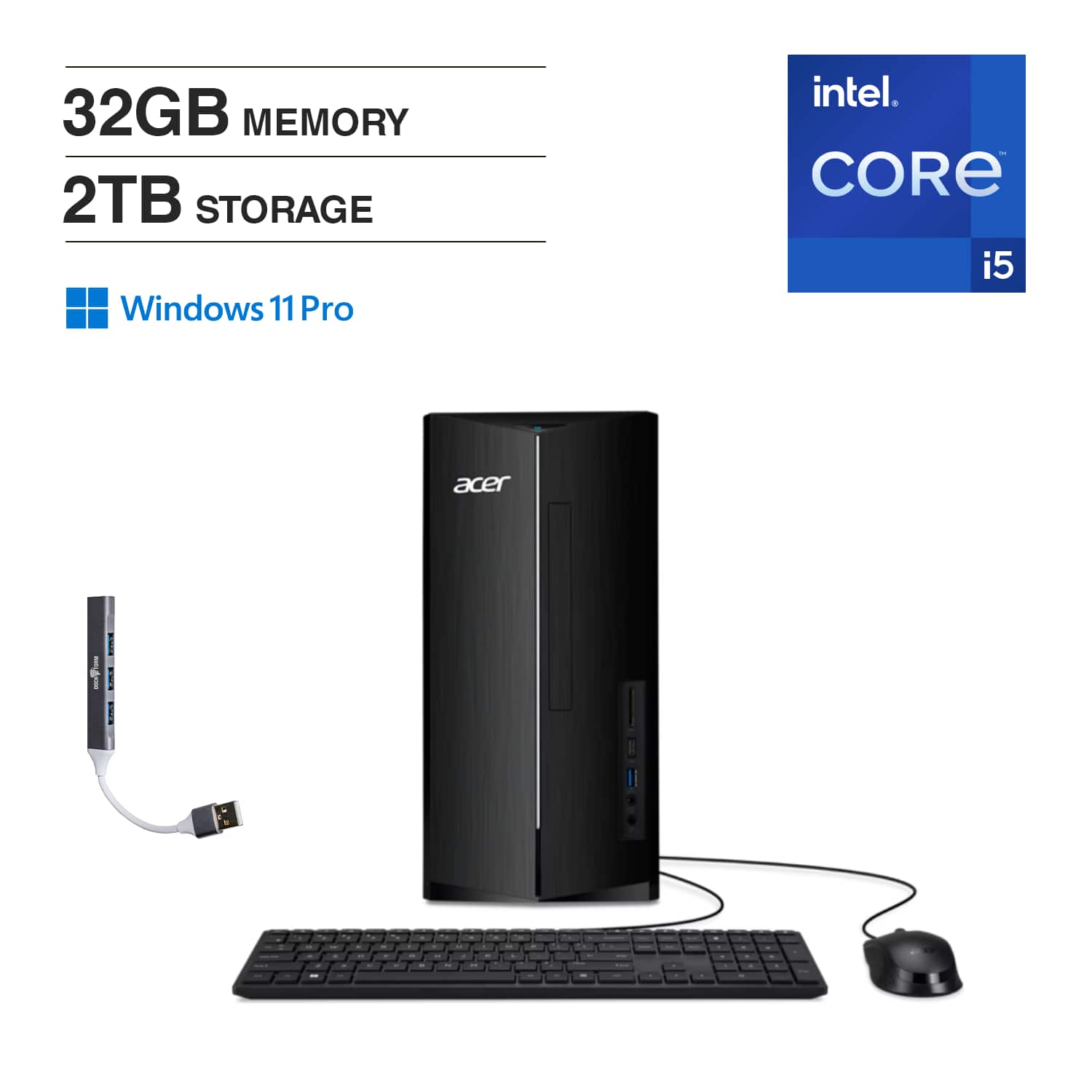 Acer - Aspire Desktop (Intel i5-14400, 32GB DDR5, 2TB PCIe SSD, Intel UHD, Win 11 Pro) w/USB Hub - Black