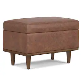 Simpli Home - Shiloh 26 inch Transitional Contemporary Small Storage Ottoman Vegan Faux Leather, Assembled - Distressed Saddle Brown