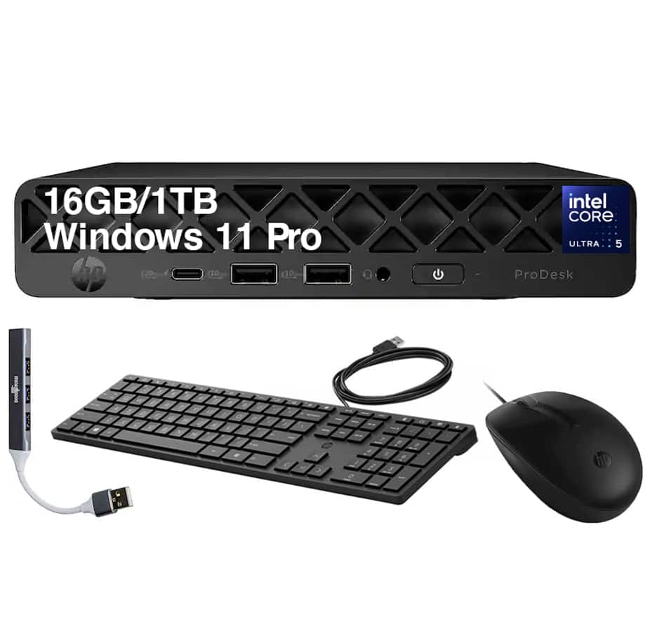 HP - Upgraded - ProDesk 4 Mini G1i Desktop (Ultra 5-235T, 16GB, 1TB SSD, Built-In AI NPU, Dual DP, WiFi 6E, BT 5.3, Win11Pro) w/USB Hub - Black