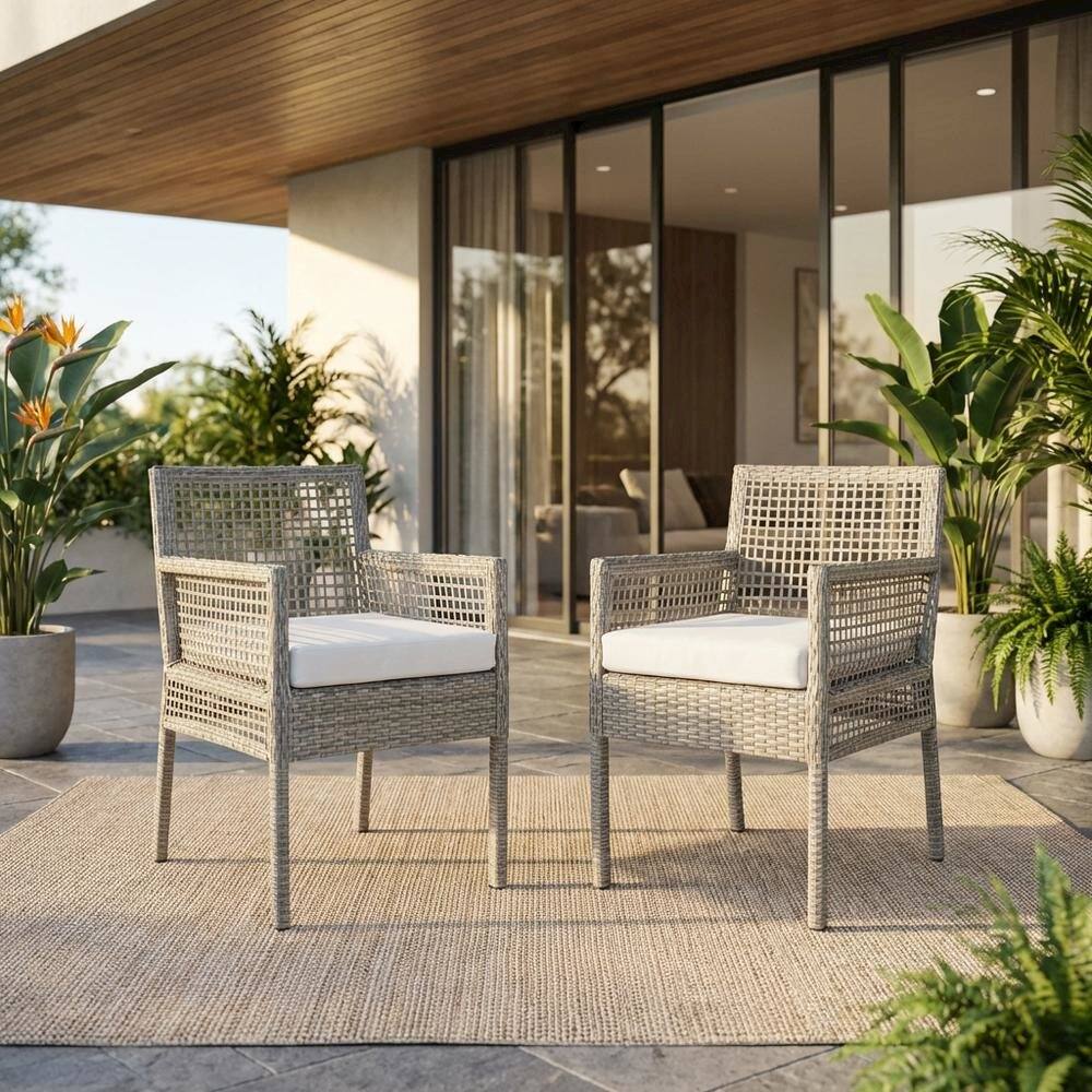 Angle. Outdoor Escape - Outdoor Patio Wicker Rattan Dining Armchair Set Of 2, Cushioned Seat, Armrests - Gray.