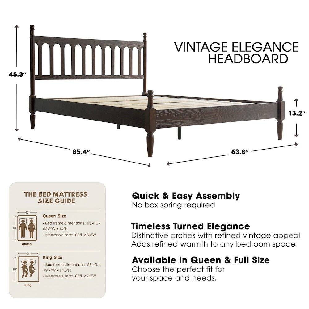 VINTAGE ELEGANCE HEADBOARD

45.3" 13.2" 85.4" 63.8" 80

THE BED MATTRESS SIZE GUIDE

Queen Size Bed frame dimensions: 85.4L x 63.8"W x 14H
Mattress size fit: 80L x 60"W

King Size Bed frame dimensions: 85.4L x 79.7"W x 14.5H
Mattress size fit: 80L x 76"W

Quick & Easy Assembly
No box spring required

Timeless Turned Elegance
Distinctive arches with refined vintage appeal
Adds refined warmth to any bedroom space

Available in Queen & Full Size
Choose the perfect fit for your space and needs.