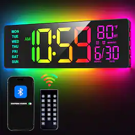 Easyera - 16.5" Digital Wall Clock with Remote Control, RGB Lights, Dual Alarms LED Display, Auto DST, Temperature, Power via plug - Black
