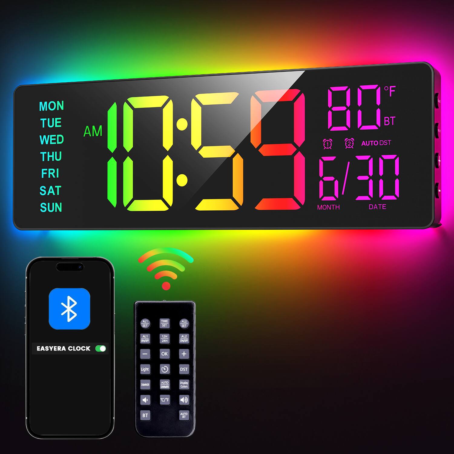 Easyera - 16.5" Digital Wall Clock with Remote Control, RGB Lights, Dual Alarms LED Display, Auto DST, Temperature, Power via plug - Black