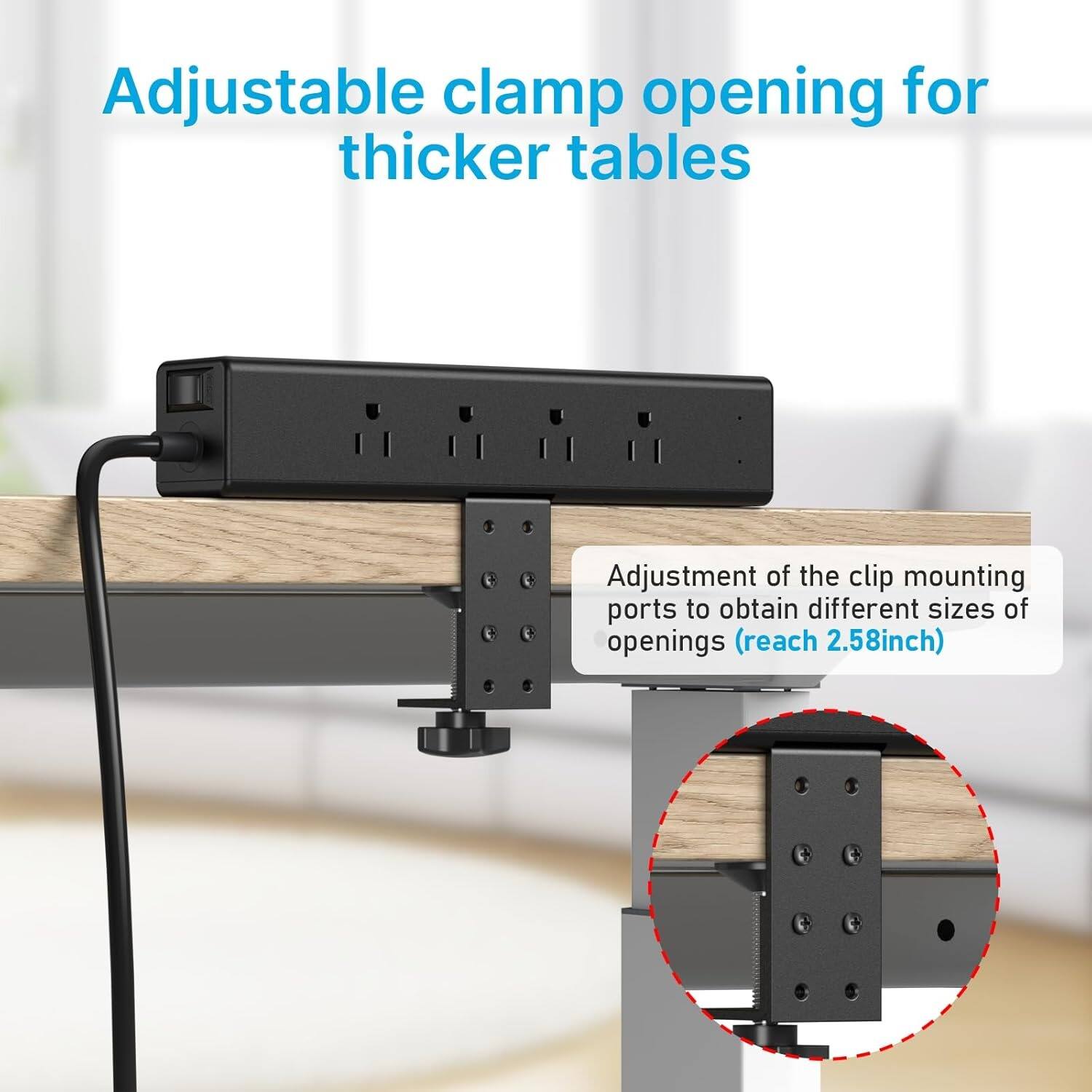 Adjustable clamp opening for thicker tables

Adjustment of the clip mounting ports to obtain different sizes of openings (reach 2.58inch)