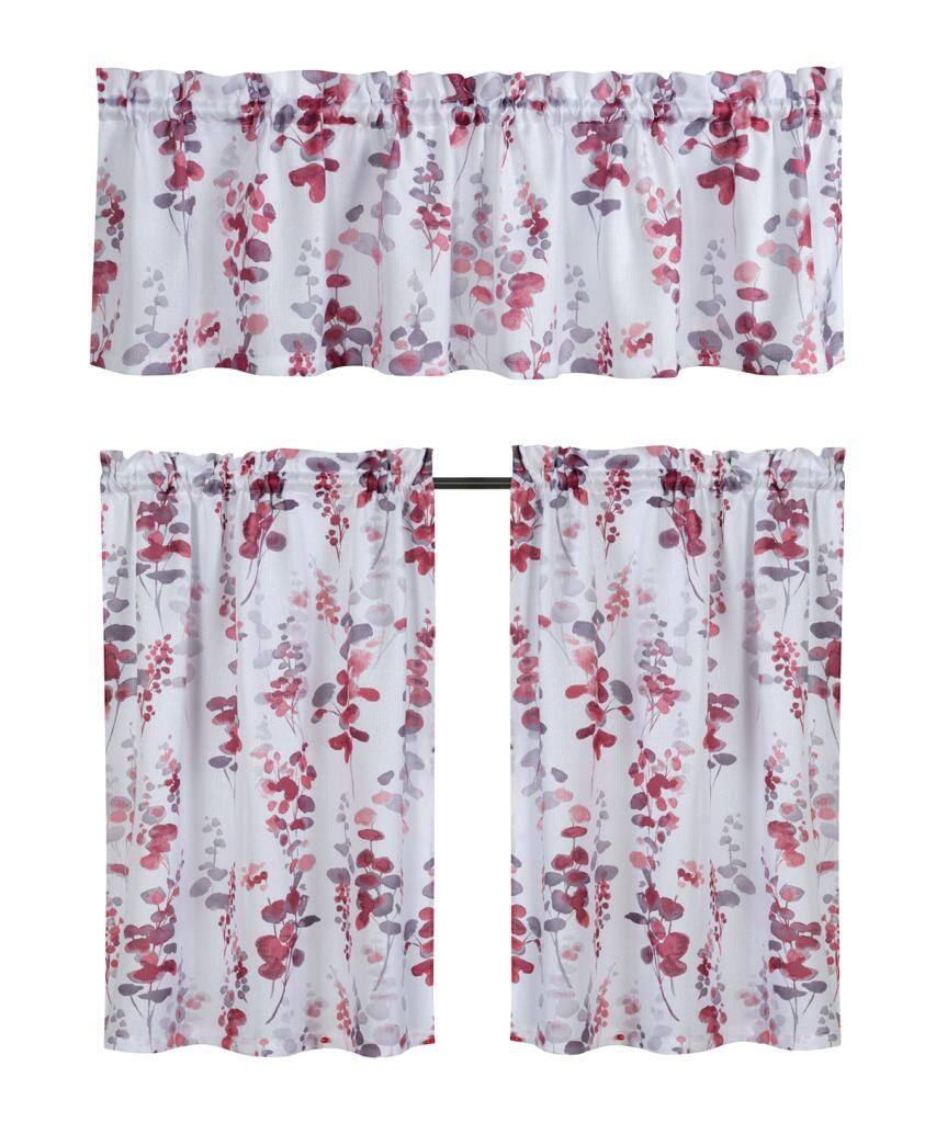 Back. Kate Aurora - Kate Aurora Watercolor Floral Lillies Complete 3 Piece Rod Pocket Kitchen Curtain Tier & Valance Set - Berry - Berry.