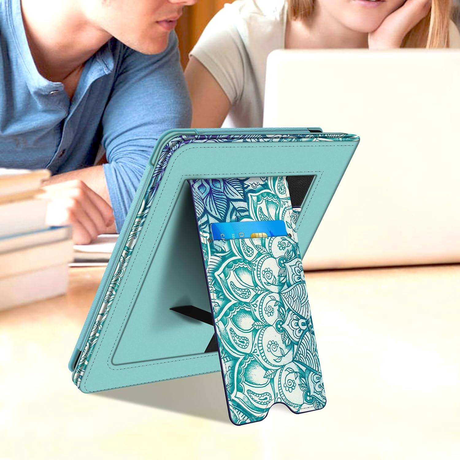 Alt View 3. Fintie - Stand Case for 6" Kindle Paperwhite (10th Generation, 2018) Foldable Kickstand PU Leather Cover with Hand Strap - Emerald Illusions.