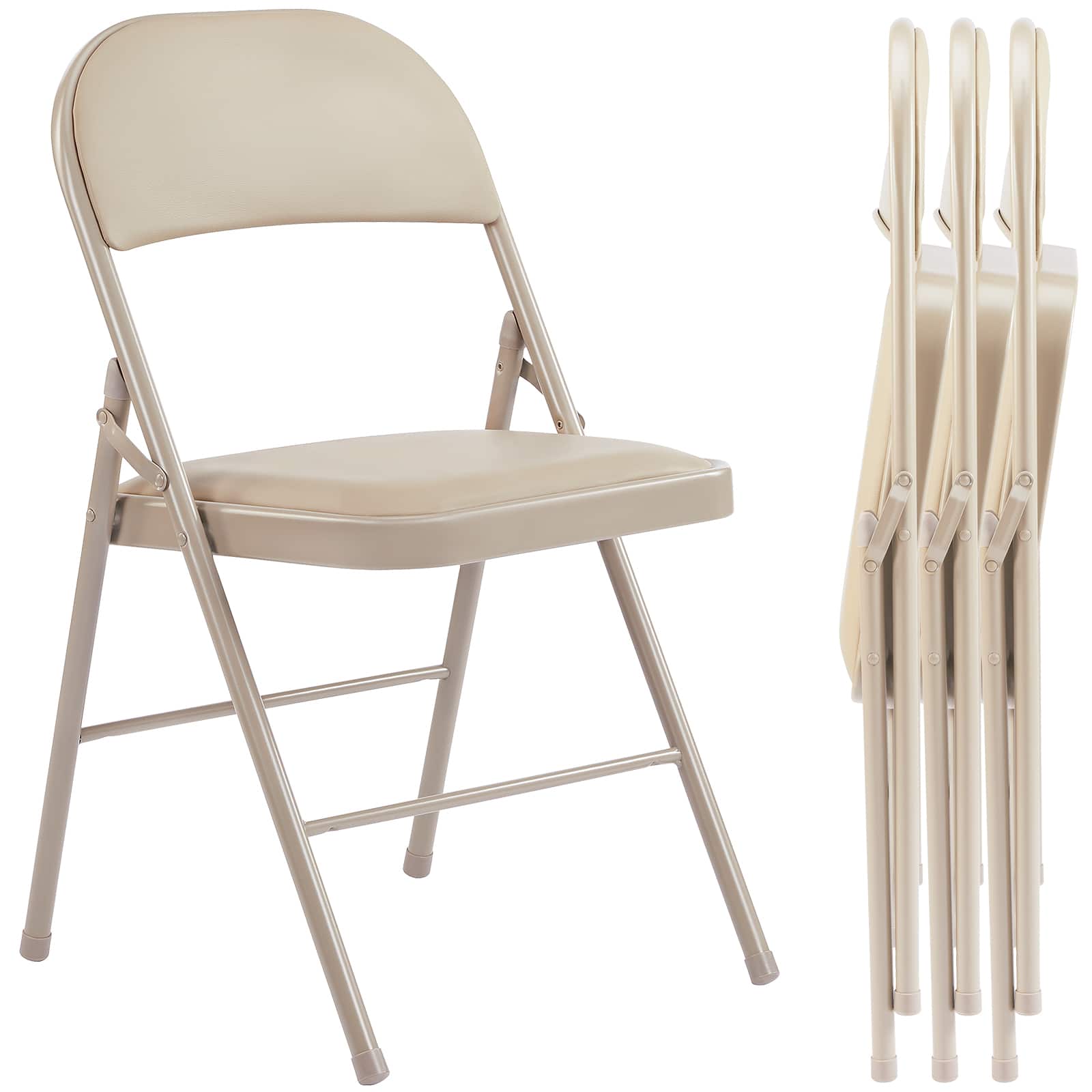 AENKYO - 4 PCS Folding Chair Leather Padded Folding Chairs with Metal Frame for Home, Office, Party - khaki