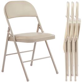 AENKYO - 4 PCS Folding Chair Leather Padded Folding Chairs with Metal Frame for Home, Office, Party - khaki