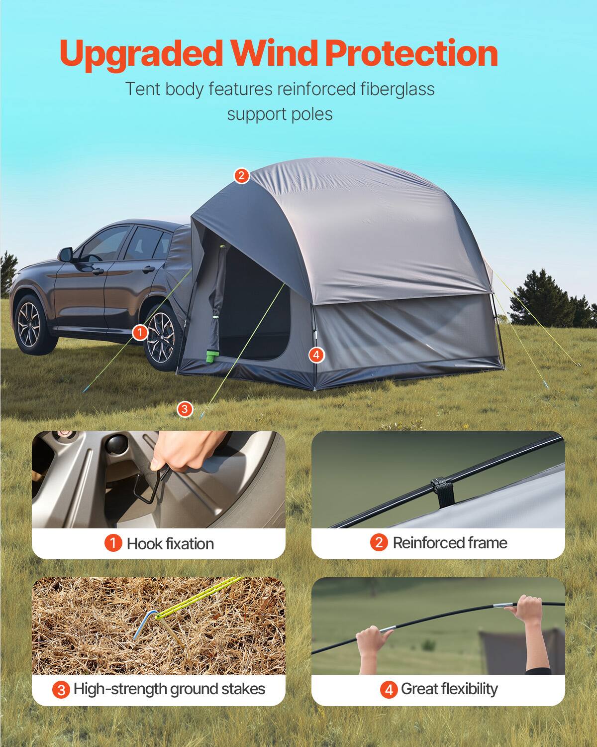 Upgraded Wind Protection
Tent body features reinforced fiberglass support poles
1 Hook fixation
2 Reinforced frame
3 High-strength ground stakes
4 Great flexibility