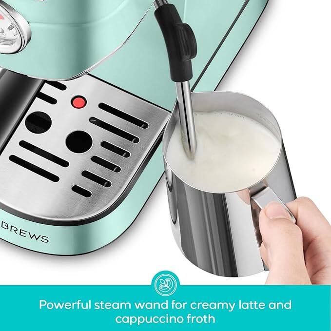 Brews Powerful steam wand for creamy latte and cappuccino froth