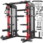 Pooboo - Smith Machine Squat Rack Power Cage with Dual Cable Crossover System&Lat Pulldown Station,2000lb Capacity - Red