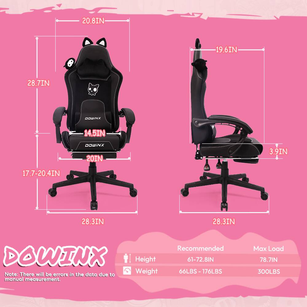 20.8IN  
19.6IN  
28.7IN  
14.5IN  
20IN  
3.9IN  
17.7-20.4IN  
28.3IN  
28.3IN  

Recommended  
Height: 61-72.8IN  
Weight: 66LBS - 176LBS  

Max Load  
Height: 78.7IN  
Weight: 300LBS  

Note: There will be errors in the data due to manual measurement.