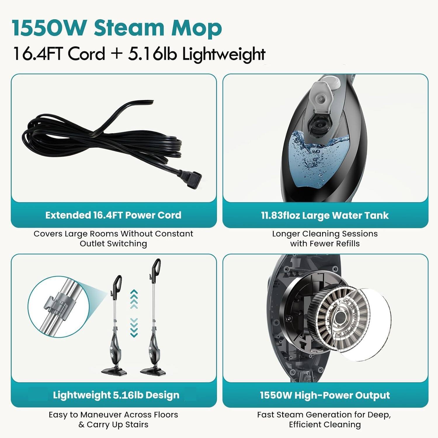 1550W Steam Mop  
16.4FT Cord + 5.16lb Lightweight  

Extended 16.4FT Power Cord  
Covers Large Rooms Without Constant Outlet Switching  

11.83floz Large Water Tank  
Longer Cleaning Sessions with Fewer Refills  

Lightweight 5.16lb Design  
Easy to Maneuver Across Floors & Carry Up Stairs  

1550W High-Power Output  
Fast Steam Generation for Deep, Efficient Cleaning