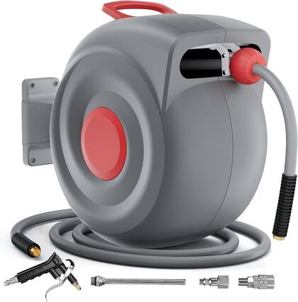 Front. Mirfee - 50Ft Auto-Rewind Air Hose Reel with Blow Gun, Any-Length Lock & 180° Swivel Mount - Gray.