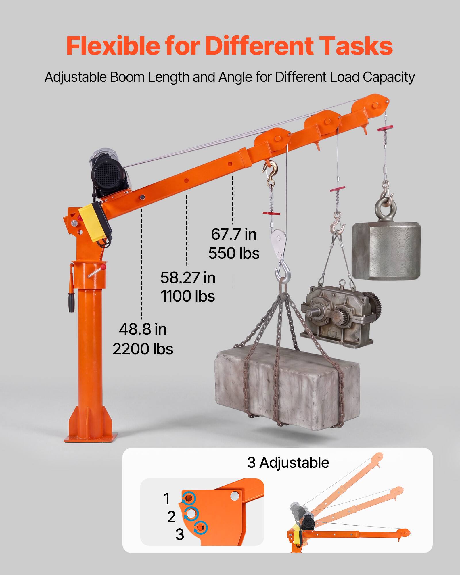 Flexible for Different Tasks  
Adjustable Boom Length and Angle for Different Load Capacity  

67.7 in - 550 lbs  
58.27 in - 1100 lbs  
48.8 in - 2200 lbs  

3 Adjustable  
1 2 3