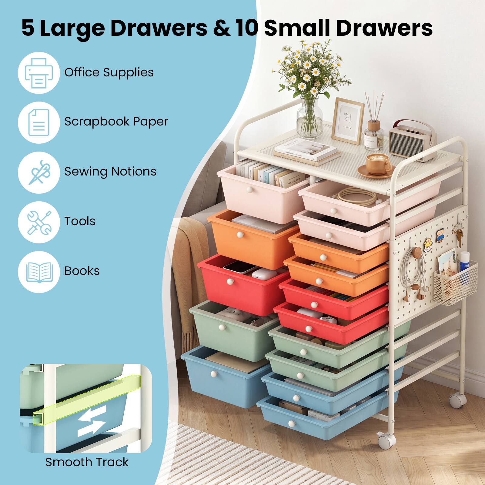 5 Large Drawers & 10 Small Drawers  
Office Supplies  
Scrapbook Paper  
Sewing Notions  
Tools  
Books  
Smooth Track