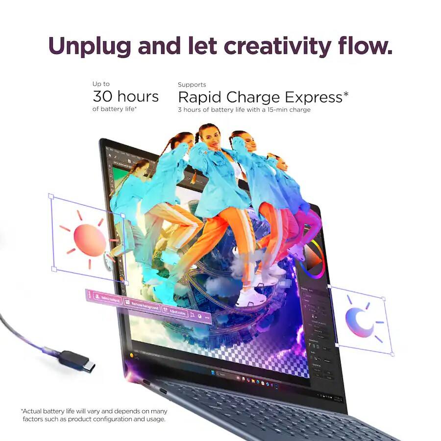 Unplug and let creativity flow. Up to 30 hours of battery life* Supports Rapid Charge Express* 3 hours of battery life with a 15-min charge. *Actual battery life will vary and depends on many factors such as product configuration and usage.