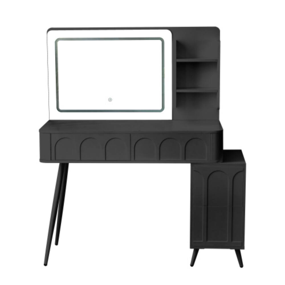 Alt View 5. LUCKY ONE - Modern Makeup Vanity Desk w/ LED Mirror 4 Drawers Stool & Adjustable Cabinet - Black.