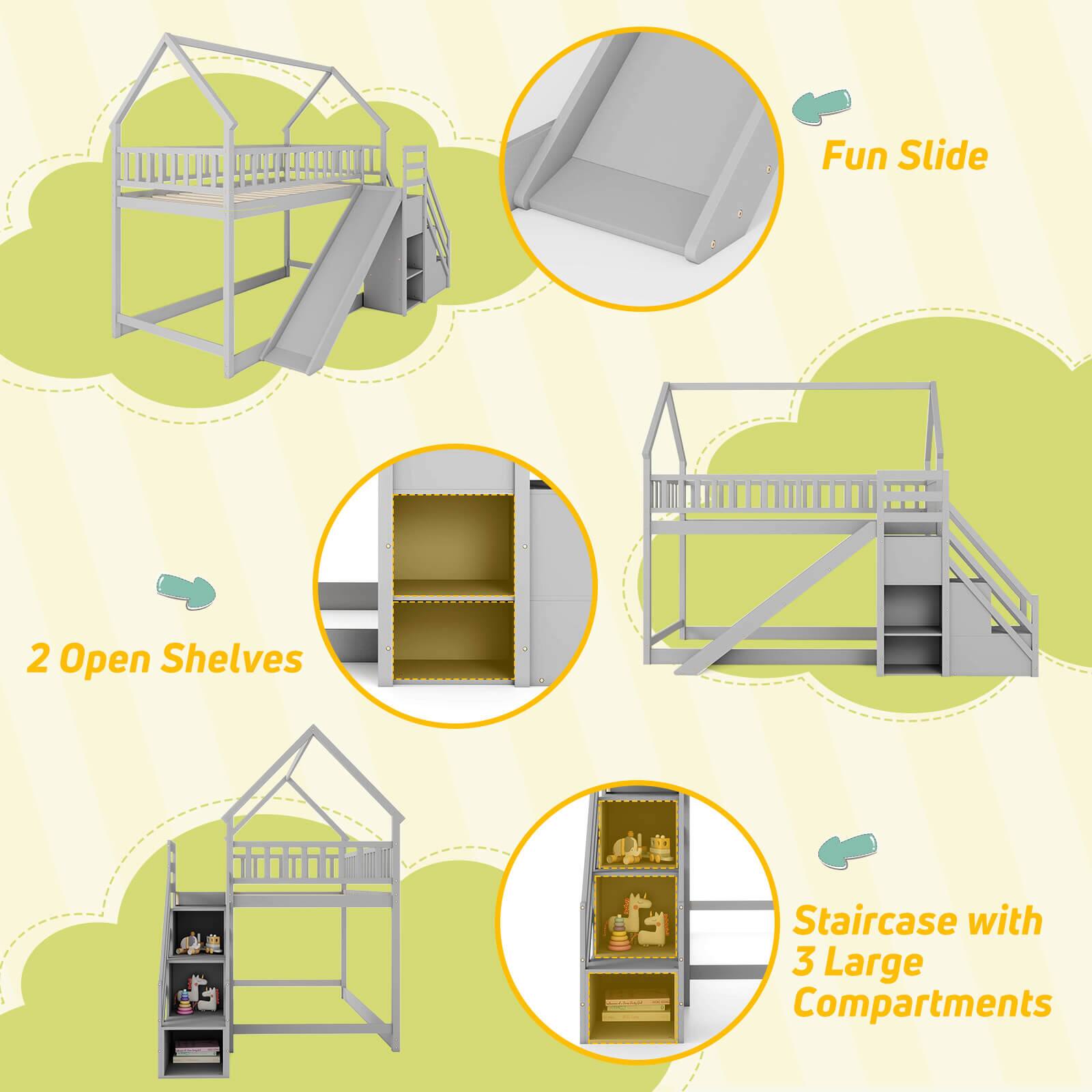 The text on the image is grouped and corrected as follows:

1. Fun Slide
2. 2 Open Shelves
3. Staircase with 3 Large Compartments