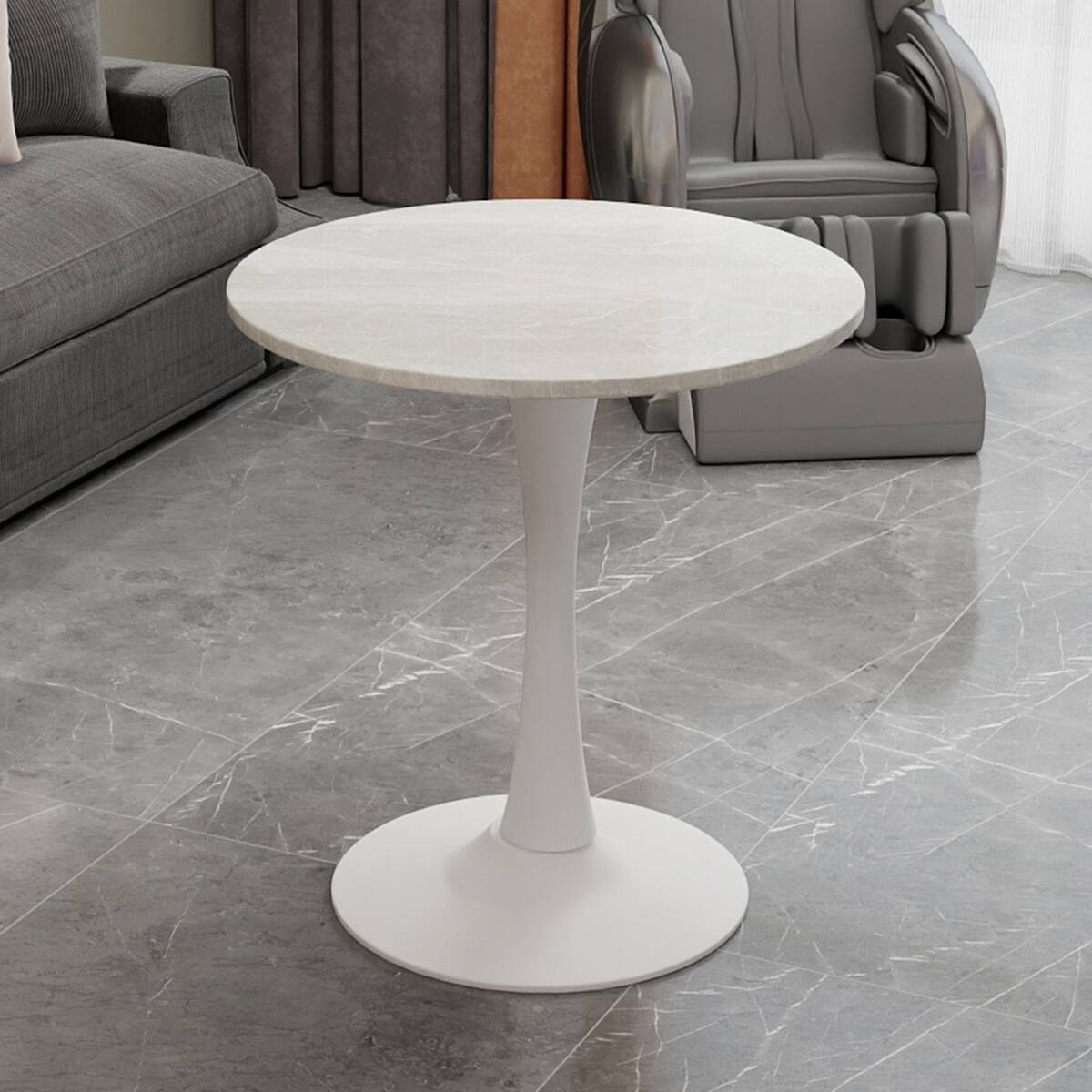 Alt View 9. Loheer - Loheer White Round Coffee Table with Marble Effect Top and Pedestal Base, 27.6-Inch - White.