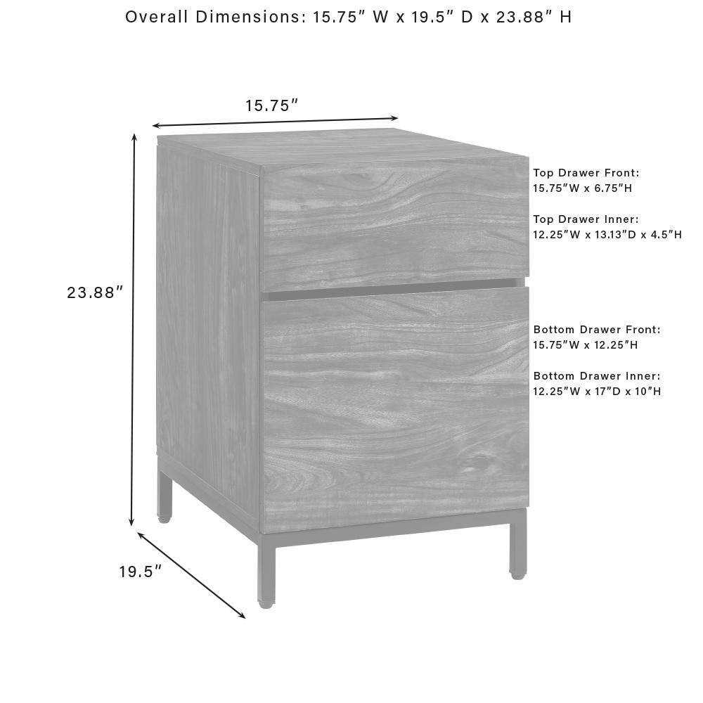 Overall Dimensions: 15.75" W x 19.5" D x 23.88" H

Top Drawer Front: 15.75"W x 6.75"H
Top Drawer Inner: 12.25"W x 13.13"D x 4.5"H

Bottom Drawer Front: 15.75"W x 12.25"H
Bottom Drawer Inner: 12.25"W x 17"D x 10"H