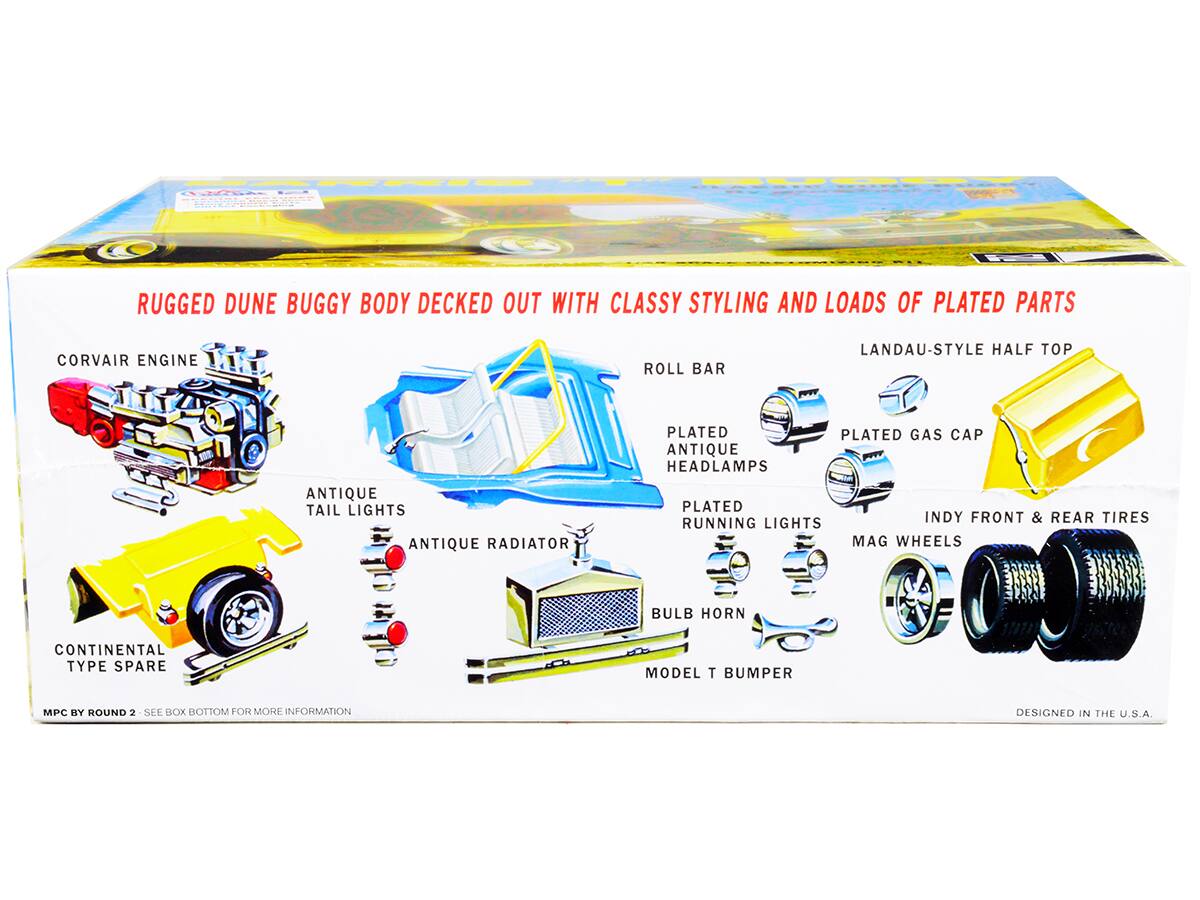 RUGGED DUNE BUGGY BODY DECKED OUT WITH CLASSY STYLING AND LOADS OF PLATED PARTS

- CORVAIR ENGINE
- ROLL BAR
- LANDAU-STYLE HALF TOP
- PLATED GAS CAP
- INDY FRONT & REAR TIRES
- MAG WHEELS
- CONTINENTAL TYPE SPARE
- ANTIQUE TAIL LIGHTS
- ANTIQUE RADIATOR
- BULB HORN
- MODEL T BUMPER
- PLATED ANTIQUE HEADLAMPS
- PLATED RUNNING LIGHTS

MPC BY ROUND 2 - SEE BOX BOTTOM FOR MORE INFORMATION

DESIGNED IN THE U.S.A.