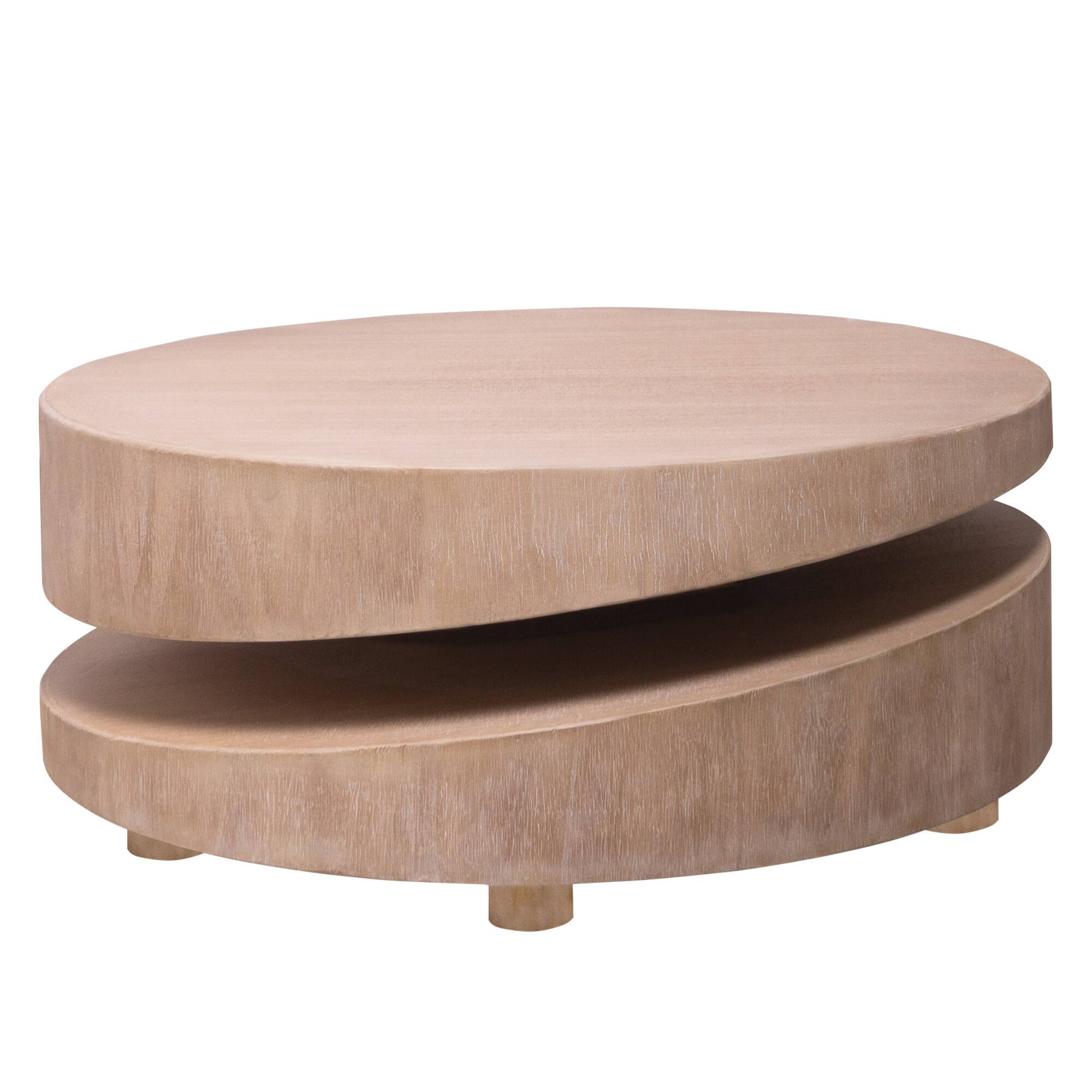 Back. GOODSILO - Contemporary Round Two-Tier Coffee Table with Natural Wood Finish for Modern Living Spaces - Antique Natural+Rustic.
