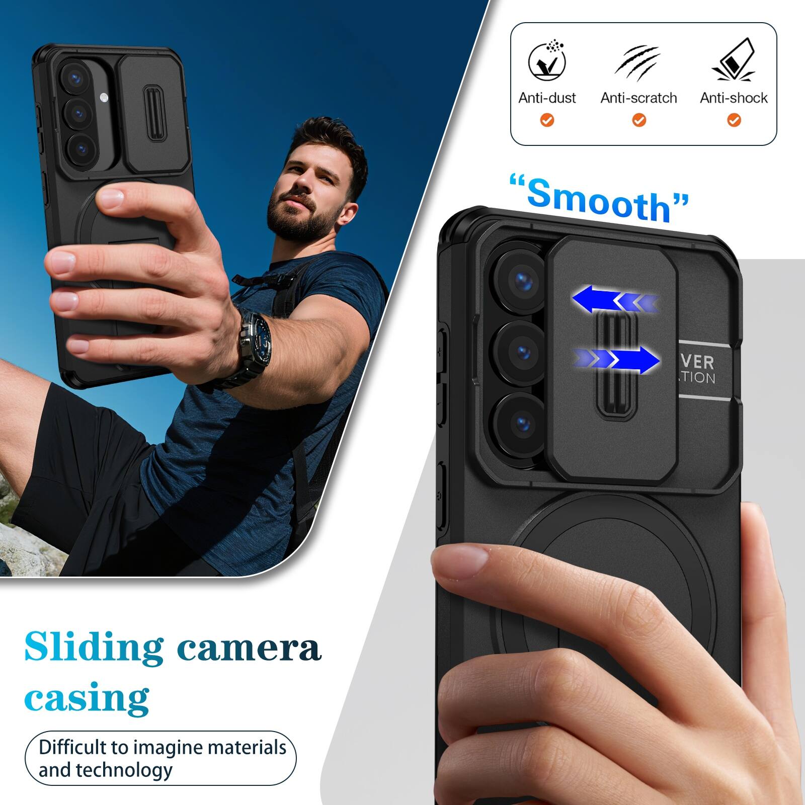 Anti-dust  
Anti-scratch  
Anti-shock  

"Smooth"  

Sliding camera casing  
Difficult to imagine materials and technology