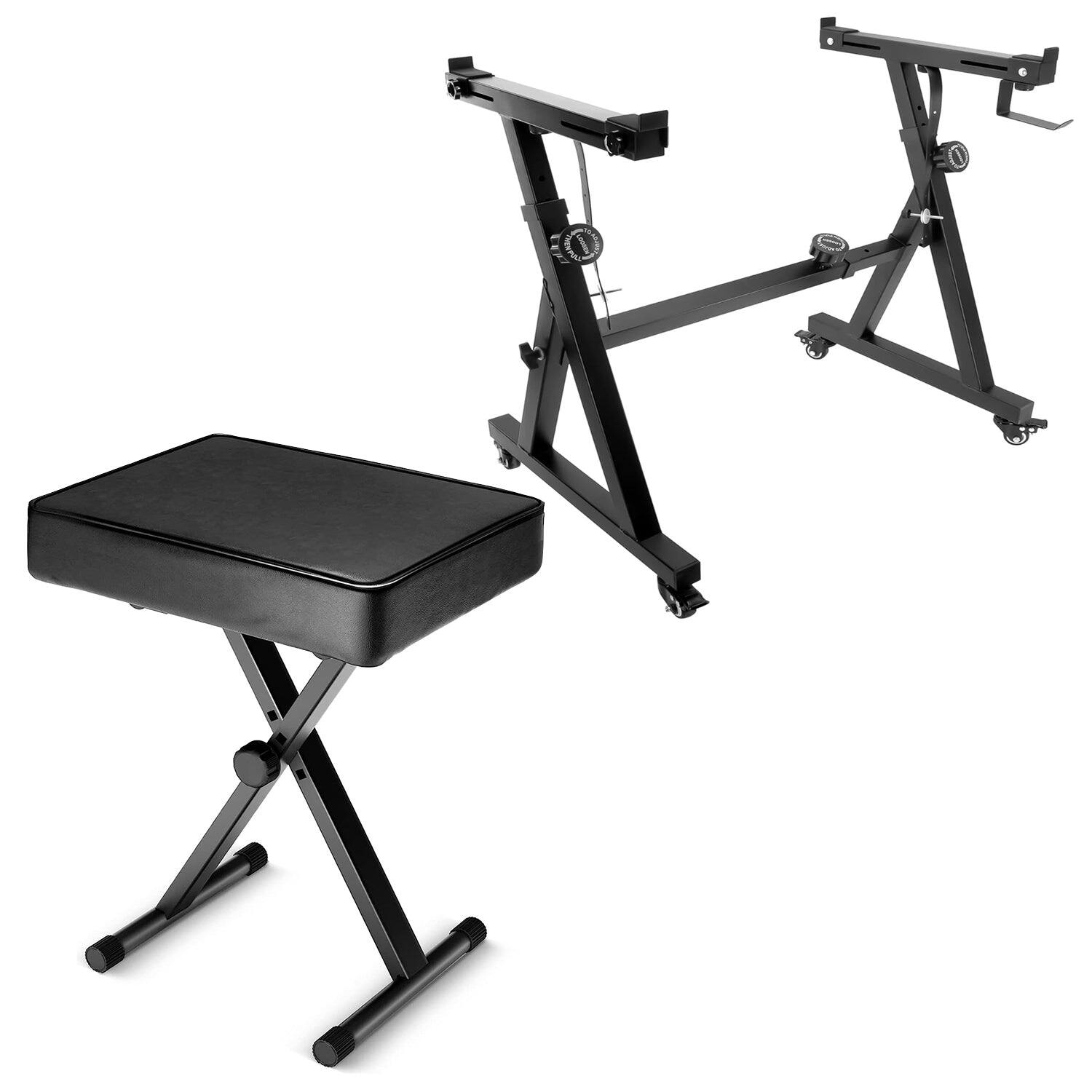 Front. 5 CORE - Keyboard Stand Adjustable z Style Piano Riser + Keyboard Piano Bench - Black.