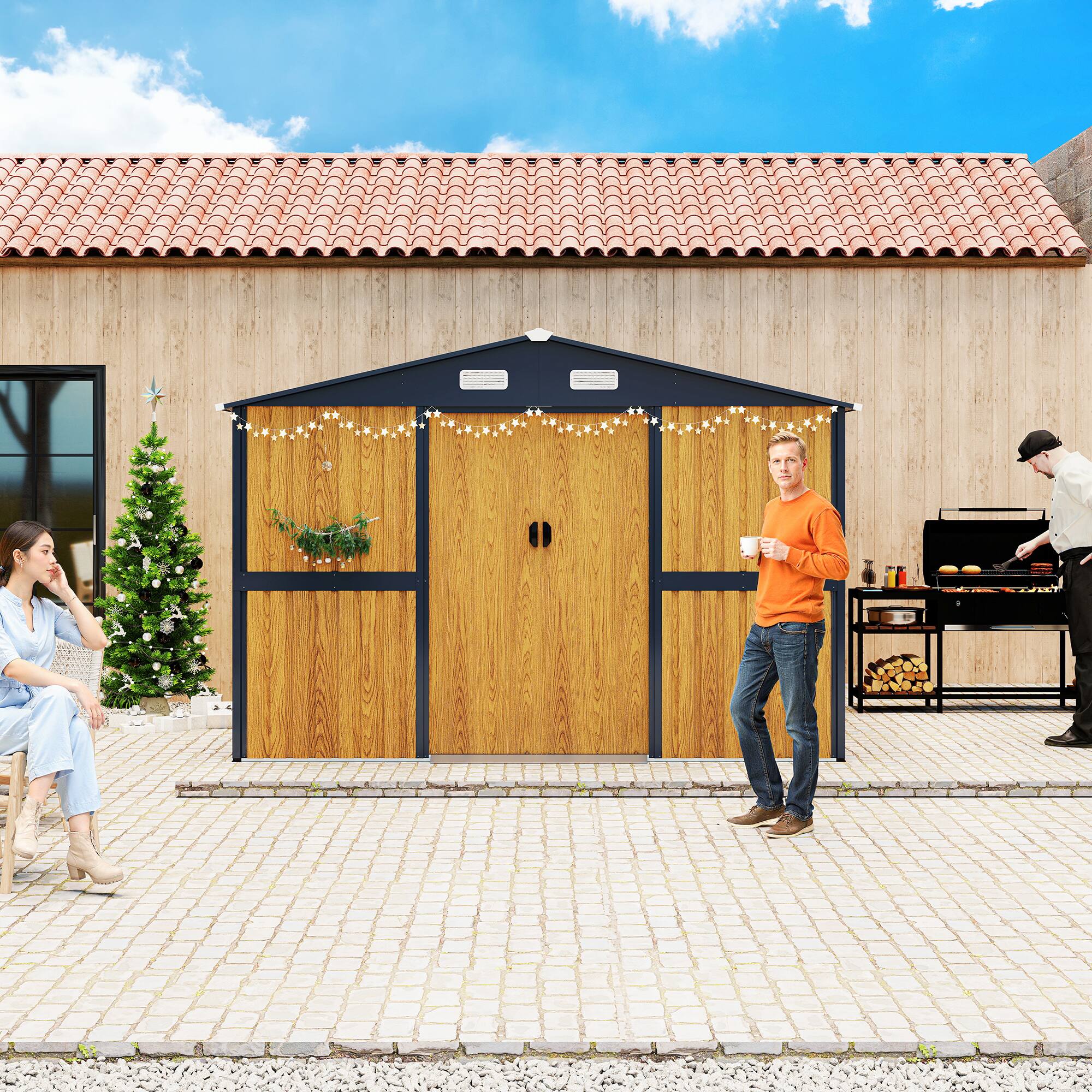 Left. Mondawe - 10X12 FT Outdoor Steel Storage Shed with Lockable Doors and 2 Windows - Yellow.